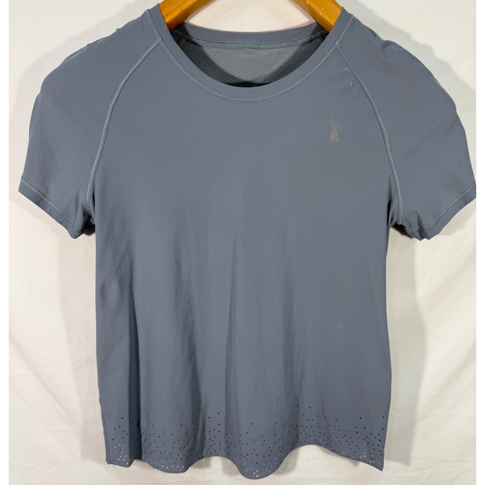 Lululemon Blue Gray Laser Cut Tulip Wrap Back Short Sleeve Activewear Top